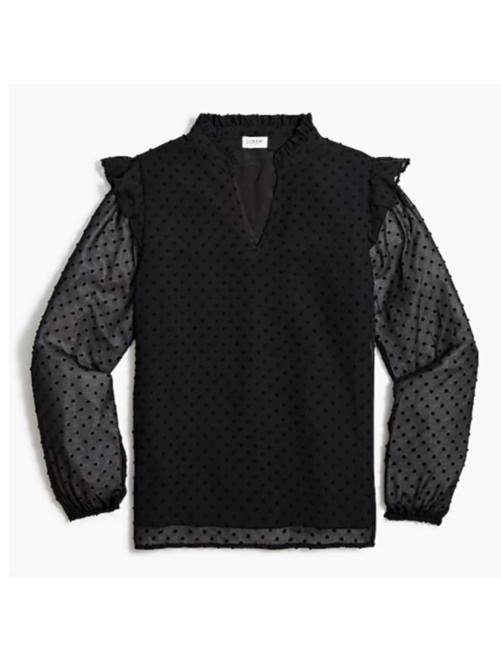 J. Crew V-Neck Ruffle Top in Clip Dot Black Long Sleeve Women’s Size XXL NWT